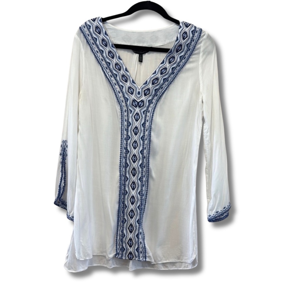 White House Black Market White Blue Embroidered Boho Tunic Blouse Size 6